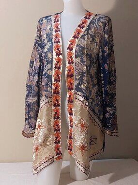 Soft Surroundings Navy & Gold Moonlight Garden Embroidered Kimono Top Size: L